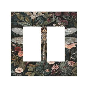 Imagem de Capas de tomada decorativas vintage flores libélula parede 2 gangues interruptor duplo interruptor de luz placa de interruptor elétrico placa de decoração GFCI placa de parede para decoração de casa