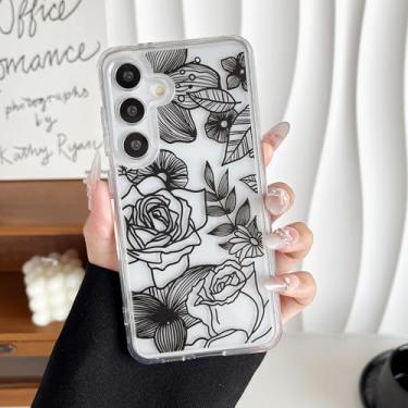 Imagem de XIZYO Capa rosa transparente para Samsung Galaxy S25, linda flor rosa floral estampa fina à prova de choque, para meninas mulheres capa protetora transparente de luxo TPU macio preto