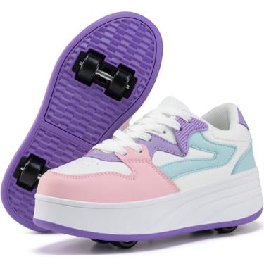 Imagem de ANEFUN Tênis esportivo infantil para meninos e meninas com rodas destacáveis, Branco/roxo, 22