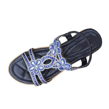 Imagem de Sandálias femininas romanas de strass com tira elástica nas costas, estilo boêmio, calçado casual, Azul royal, 38