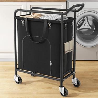 Imagem de Cesto de lavanderia com rodas, cesto grande de 114 L, carrinho de lavanderia resistente, estrutura de metal resistente com alça, minimiza a dobra de fácil acesso para quarto, banheiro, lavanderia