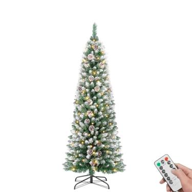 Imagem de Rollingsurfer Árvore de Natal artificial pré-iluminada de 1,5 m, lápis flocado e fosco, decoração fina para árvore de Natal com 160 luzes brancas quentes, 8 modos de iluminação, 400 pontas foscas, 25