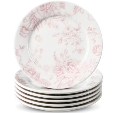 Imagem de Honeydak 6 peças de pratos de cerâmica floral rosa e rosa de 15 cm prato de servir salada de porcelana rosa e branca vintage para jantar, aperitivo, pratos de sobremesa, utensílios de mesa para