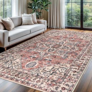 Imagem de KOZYFLY Boho Tapete de área 1,8 x 2,5 m, fino, lavável para quarto e sala de estar, tapete de lã sintética, tapete antiderrapante para entrada, cozinha, sala de jantar, terracota/bege