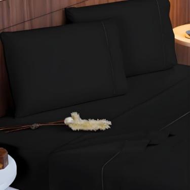 Imagem de Jogo de Lençol Queen 4 Peças 400 Fios Micropercal Toque de Seda Lençol com Elástico Fronhas Ponto Palito(preto)