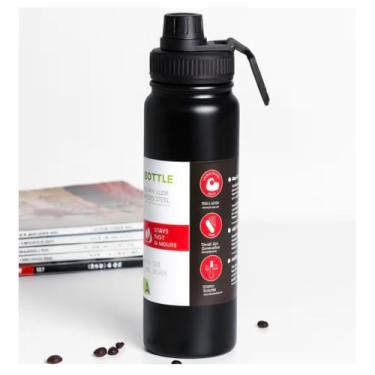 Imagem de Garrafa Térmica Esportiva 800ml Aço Inox 304 Preta Academia Tampa Antivazamento Alça Dobrável BPA Free Parede Dupla Vácuo Fria 12h Quente 8h Infusor Frutas Portátil Elegante Durável