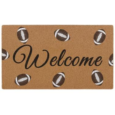 Imagem de Bmotaso Tapete de porta de boas-vindas de futebol, tapete de boas-vindas para entrada interna e externa, tapete rústico de coco artificial para decoração de varanda, pátio, cozinha, 76 x 43 cm