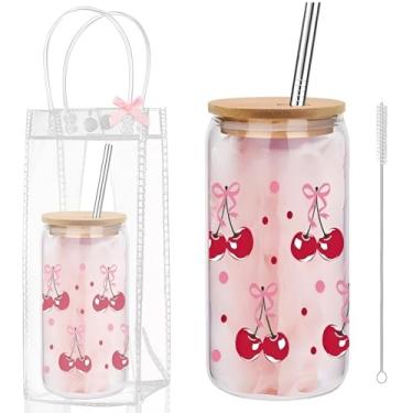 Imagem de Coquette Cheeries Bows Copo de vidro com saco de presente transparente, xícara de café gelado de 473 ml com tampas e canudos, copo de vidro estético, copo de smoothie, copo de cerveja para meninas