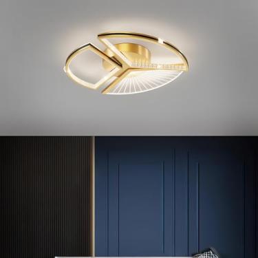 Imagem de Luminária de teto LED moderna de 52 cm com controle remoto, dimerizável (3000k-6000k), embutida, ultrafina, em acrílico, para sala de jantar e cozinha (dourada, redonda, 52 cm).