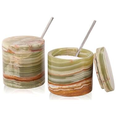 Imagem de SPESHSTONES Saleiro de mármore com tampa e colher 7,6 cm conjunto de 2 suportes de sal verde para armazenamento de cozinha, caixa de sal, açucareiro decorativo, potes de temperos e recipientes de