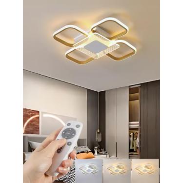 Imagem de Luminária de teto LED moderna dourada geométrica quadrada, em ferro e acrílico, com controle remoto e regulagem contínua de intensidade, ideal para sala de estar, cozinha, escritório, quarto