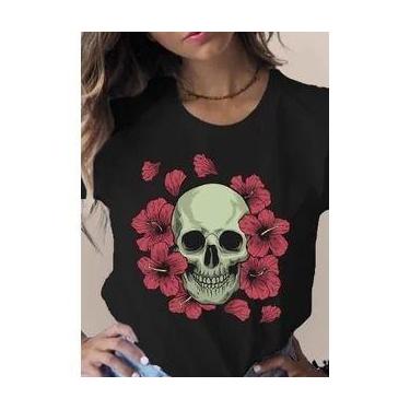 Imagem de Camiseta Feminina Diversas Estampas Caveira Flores Borboletas - Dinka,