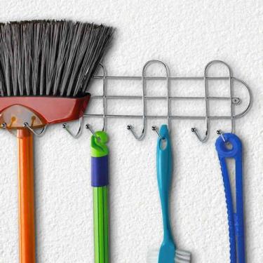 Imagem de Suporte 8 Ganchos Multiuso Porta Vassoura Rodo Pá Pendurar Aço Cromado