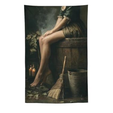 Imagem de Tapeçaria mística vintage mulher em barril vassoura lanterna folhas caídas decoração de parede assustadora sala de estar quarto decoração de casa enfeite exclusivo têxtil pendurado 152 x 232 cm
