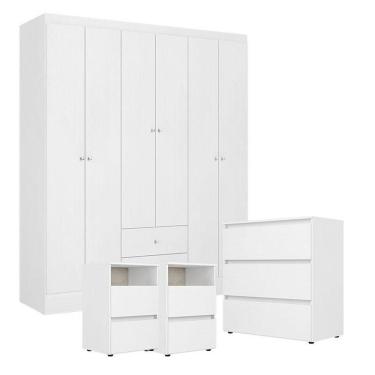 Imagem de Guarda Roupa Casal Astro 6 Portas Com Cômoda Condessa E 2 Mesas De Cabeceira Condessa Branco - Thb