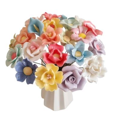Imagem de Conjunto de 25 buquê de flores de cerâmica 3D, arranjos florais decorativos artesanais, multicoloridos, flores eternas, presente para sala de estar, quarto, escritório, decoração de casa (colorido)