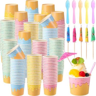 Imagem de Ninehaoou Conjunto de 200 copos de sorvete de papel de 170 g com 200 colheres de plástico, 200 mini guarda-chuvas de coquetel, tigelas de sobremesa, sorvete, sundae, kit para lembrancinhas de festa de