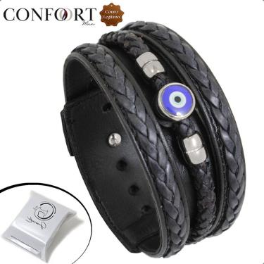 Imagem de Pulseira Ajustável De Couro Preto e Marrom Masculina Olho Grego Trançado-Unissex