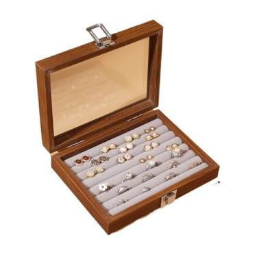 Imagem de Caixa de joias cor nogueira, caixa de armazenamento de colar de anel, brincos, brincos, pulseiras, caixa de joias, caixa de joias de madeira maciça (pequena)