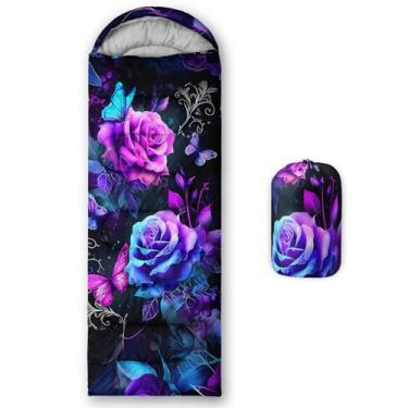 Imagem de QOOMO Sacos de dormir de acampamento com estampa de borboleta roxa, clima quente e frio, leve, sacos de dormir à prova d'água para adultos e crianças, viagens e ao ar livre, 78 x 228 cm