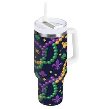 Imagem de Blueangle Copo isolado com cordão de contas de carnaval de 850 g com alça e tampa de palha, caneca de viagem reutilizável de aço inoxidável (534)