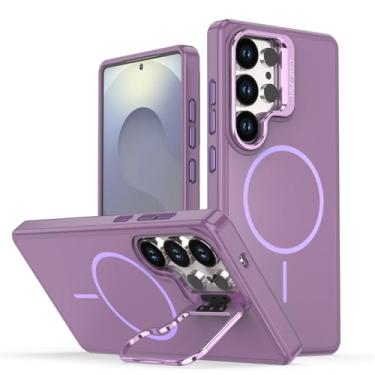 Imagem de POYUFRG Capa magnética para Samsung Galaxy S26 Ultra/S26 Plus/S26, capa fina fosca antiarranhões com proteção de lente de metal, capa de suporte, roxa, S26