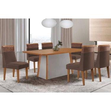 Imagem de Conjunto Sala de Jantar Tilia c/ Tampo Madeirado Canto Curvo 180x90cm e 6 Cadeiras Jaspe Madeira Maciça Naturale/Off White - Capuccino/Suede Marrom-Ru