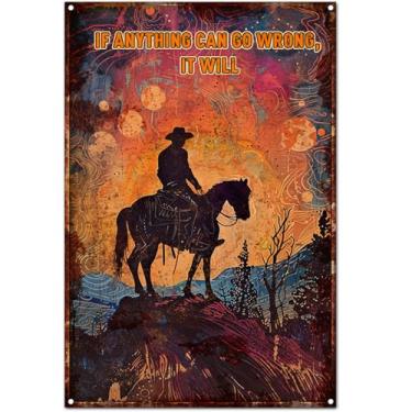 Imagem de (If Anything Can Go Wrong It Will.) Pôster original abstrato de arte de parede de letreiro de caubói, arte de metal vintage lírica solitário cavaleiro selvagem para casa moderna/escritório/caverna