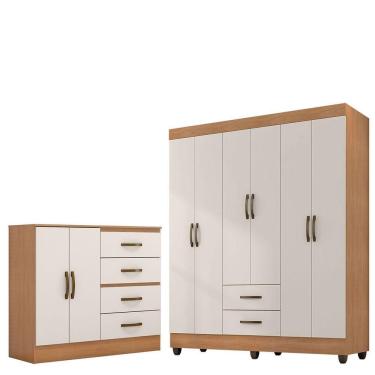 Imagem de Kit Guarda-roupa Casal 6 Portas Com Cômoda Sapateira 4 Gavetas Lisa Nature/off White
