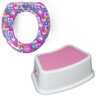 Imagem de Kit Completo Desfralde Redutor Assento Vaso Sanitário Rosa e Degrau Banquinho Crescidinho Patrulha Canina