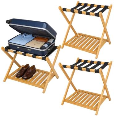 Imagem de Kit 3 Suporte de Mala Bambu Natural Com Prateleira Sapateira Para Hotel Pousada - AMZ