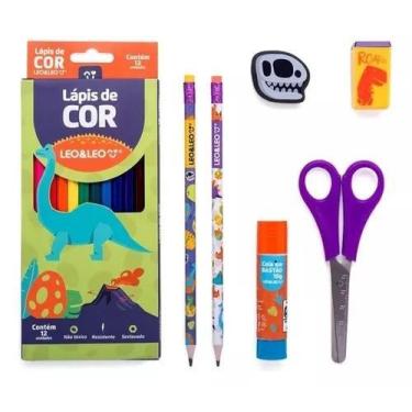 Imagem de Kit Lapis De Cor E Material Escolar Dinossauros Itens Aula - Léo e Léo