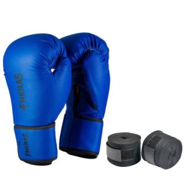 Imagem de Luva Muay Thai E Boxe Fheras Com Bandagem, Azul, 14oz