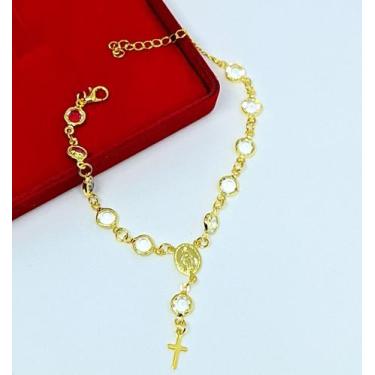 Imagem de Pulseira Mini Terço religiosa pedras cristais Zircônias com pingente n