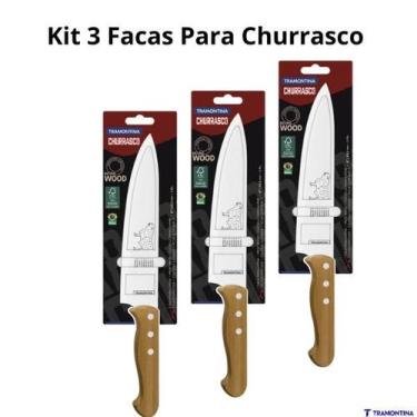 Imagem de Kit 3 Facas Tramontina Churrasco 8'' Aço Inox Cabo Madeira Natural Res