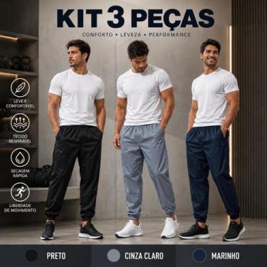 Imagem de Kit 3 Calças Chimpa Poliéster Zíper No Bolso Corrida Esporte Cor:Preto