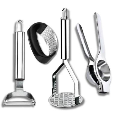 Imagem de Kit Cozinha 4 Peças Descascador de Legumes Amassador de Batatas Espremedor de Limão e Alho em Aço Inoxidável Resistente