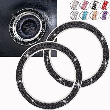 Imagem de ToBeQueen Anel de strass de cristal brilhante para carro, decoração de interior do carro, acessórios brilhantes para mulheres, botão de apertar para começar, chaveiro de ignição e botão (preto)