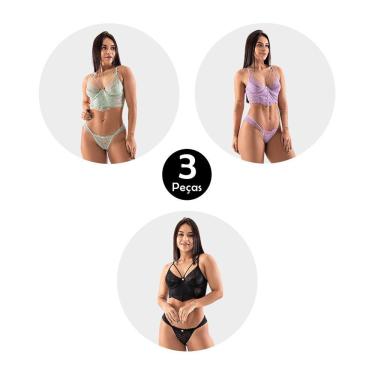 Imagem de Kit 3 Conjunto IMI Lingerie Sutiã Sem Bojo Com Aro Cropped Calcinha Tanga Fio Duplo Renda Dany