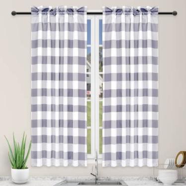 Imagem de Simple Deluxe Cortinas de cozinha Buffalo Check para camadas de cozinha, cortina xadrez pequena para janelas de meio café, 66 cm L x 114 cm C, branco e cinza