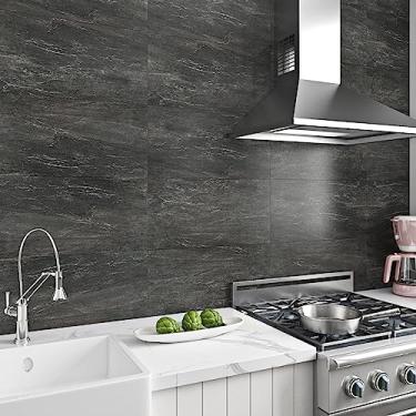 Imagem de Livelynine Painel de parede de ardósia de carbono, 16 peças, 61 x 30,5 cm, azulejo de parede de mármore para cozinha, parede, azulejos, banheiro, adesivo, painéis de placa de rocha de carbono,