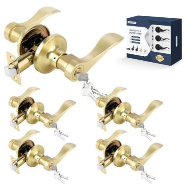 Imagem de LOQRON Maçaneta de porta estilo onda com chave, maçaneta de entrada com fechadura, pacote com 5 alavancas de entrada com chave, reversível para canhoto/direita para escritório ou porta da frente com