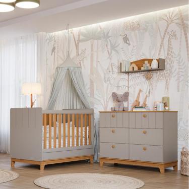 Imagem de Quarto de Bebê Berço Mini Cama e Cômoda 6 gavetas Liza Permobili - Fendi/Nature