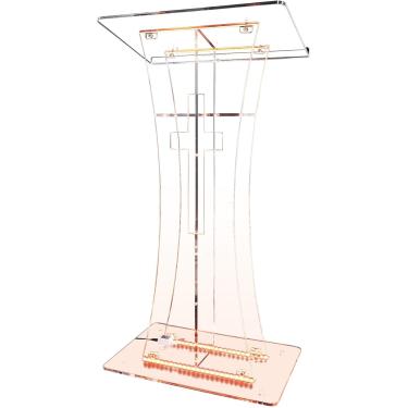 Imagem de Púlpito portátil de suporte para pódio de igreja em acrílico LED para igrejas com armazenamento, púlpito de igreja em acrílico transparente com cruz para apresentação de palestras