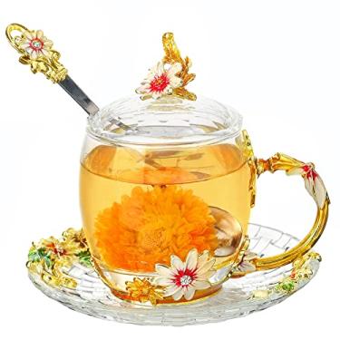 Imagem de LANTREE Xícaras de chá de flores presente de aniversário de Natal para mulheres mãe irmã amiga caneca de café de vidro xícaras de chá com tampa de pires colher copo de casamento vintage (325 ml