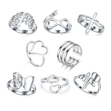 Imagem de Loqimu Conjunto de 8 Anéis de Aço Inoxidável Para Mulheres - Joias Estéticas de Prata, Empilháveis e Ajustáveis Para Meninas Adolescentes - Modernos Para Dedo do Polegar, Tamanho 8 9 7 10
