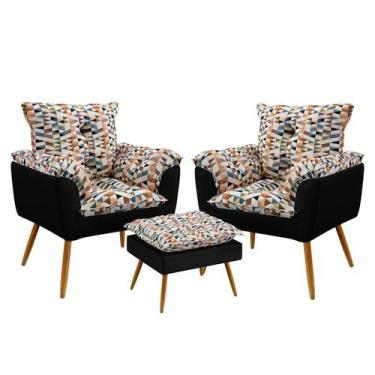 Imagem de Kit 2 Poltronas Decorativas Beta com Puff Lunar Sued Estampado Laranja