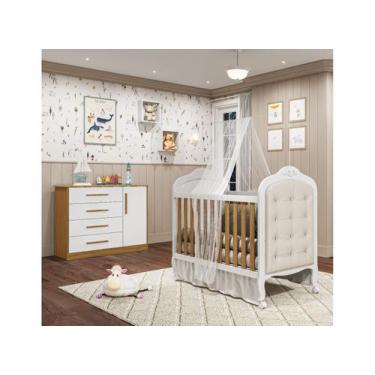 Imagem de Berço com capitone e Cômoda Charlo Moveis Peroba MDF , Branco Amêndoa
