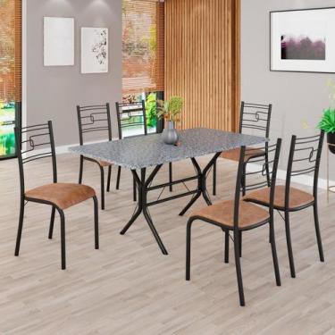 Imagem de Conjunto Sala de Jantar Mesa Retangular 140x75cm Tampo Granito Ocre 6 