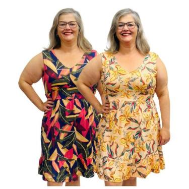 Imagem de Kit 2 Vestidos Estampados Plus Size Regata Midi Gola V Frente Dupla - 